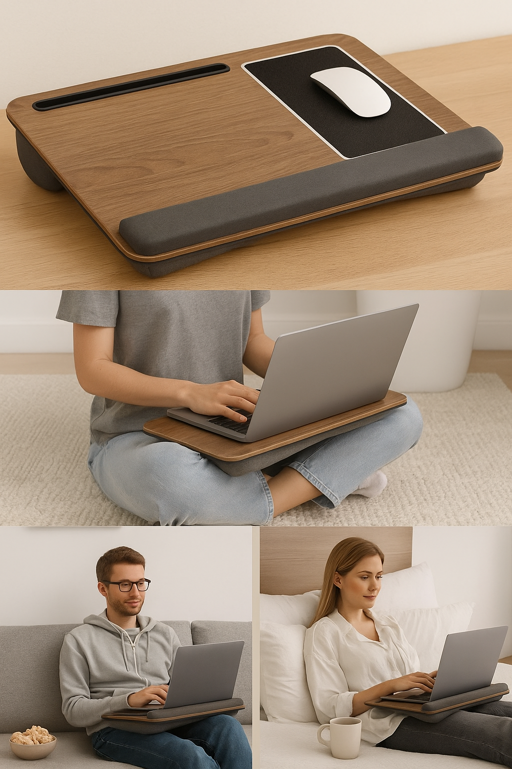 Mesa portátil multifuncional para ordenador | Escritorio ergonómico con soporte para móvil y alfombrilla de ratón integrada