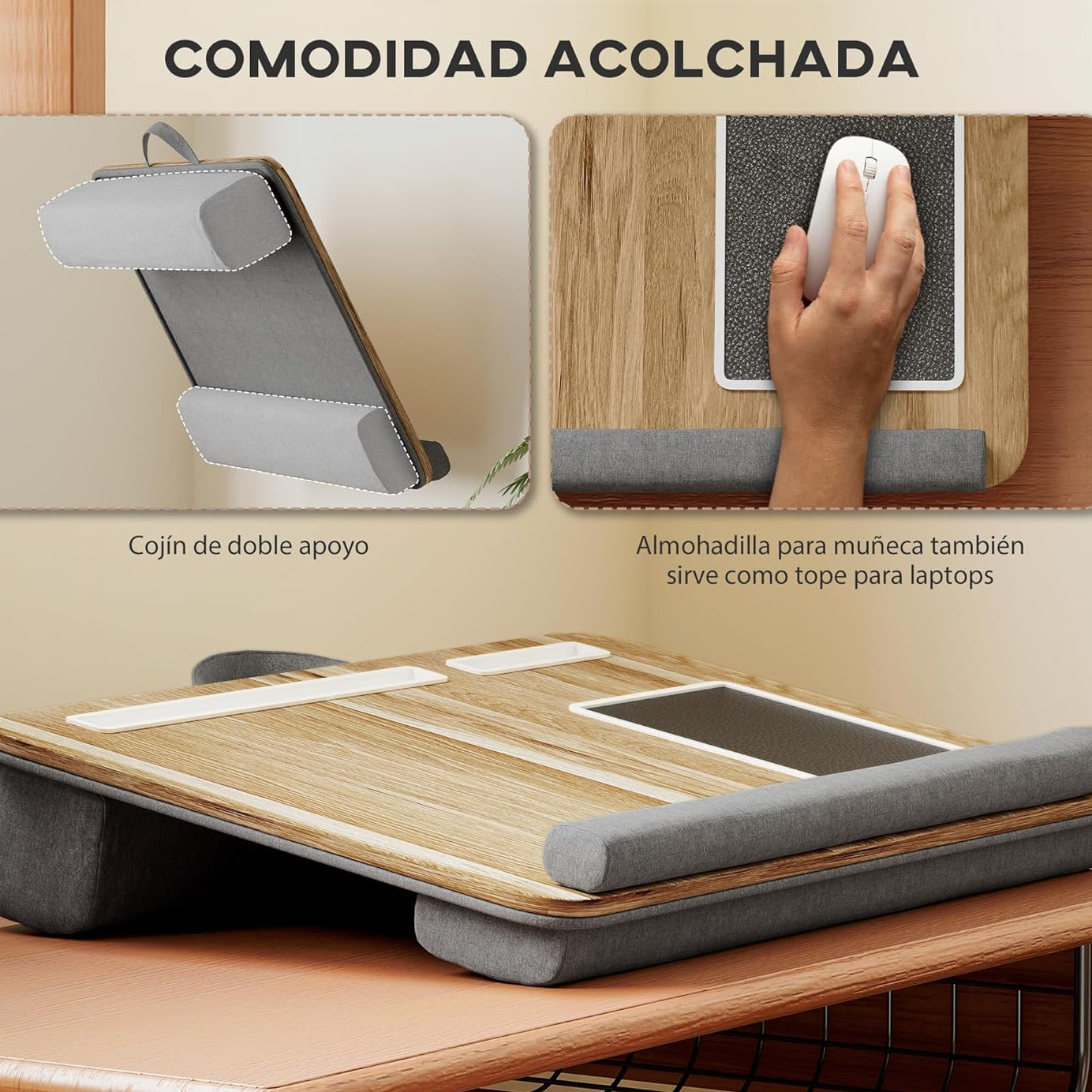 Mesa portátil multifuncional para ordenador | Escritorio ergonómico con soporte para móvil y alfombrilla de ratón integrada